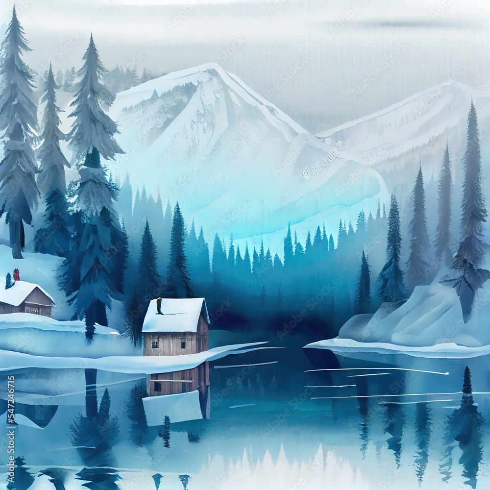 Wall mural Cracks on the surface of the blue ice. Frozen lake in winter mountains. It is snowing. The hills of pines and cabin in the mountains. Mysterious fog. Carpathians Ukraine