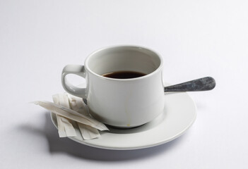 Coffee cup with real food feel and look, mug stained from sip and is half empty, spoon is also stained.