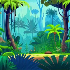 Horizontal landscape of tropical jungle. Panoramic view of dense forest with palms and lianas. Exotic colorful scenery of green rainforest with foliage plants. Colored flat 2d illustrated illustration
