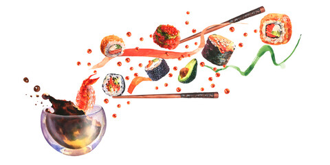 Watercolor composition with sushi, splash sause, ingredient for sushi on white background.