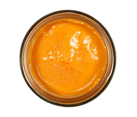 Sauce cocktail with brandy and fruity undertone in glass jar isolated on white