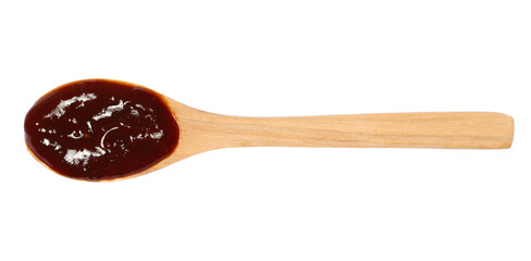 Sauce barbecue in wooden spoon isolated on white, top view