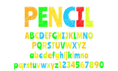 Color pencil font design, uppercase lowercase alphabet set and numbers, colorful childish school abc, hand drawn letters on white