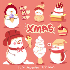 set of cute christmas snowmen. snowman with pink on white background.  New year , winter ,Cartoon suitable for, print, sublimation, shirt, postcard, printable, stationery ,kids ,etc.