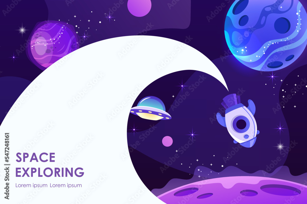 Wall mural horizontal space background with abstract shape and planets. web design. space exploring. vector ill