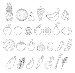 Set of fruits and vegetables. Vector illustration. Childrens coloring book. Monochrome, black and white graphic. Isolated on white.