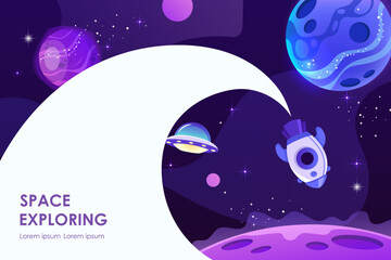 Horizontal space background with abstract shape and planets. Web design. Space exploring. Vector illustration. Template for presentation, banner, flyer. Spaceship