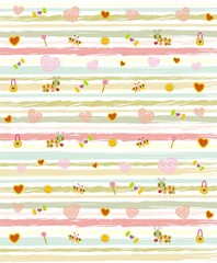 Background with big and small hearts, sweets, pets, stripes and stains, colorful objects, baby fashion, rapport print, clothing art