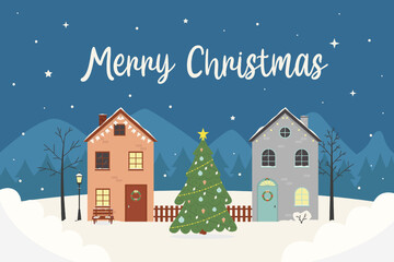 Fototapeta premium Cute christmas decorated houses with a christmas tree in a winter town. Concept vector illustration in a flat style.