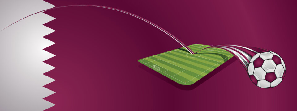 White And Red Soccer Ball Bouncing On A Soccer Field Leaving A Trail On A Background With The Flag Of Qatar. Vector Image