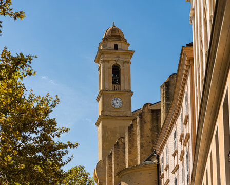 Bell tower of St Jean Baptist Cathedral in Bastia, Corsica, France