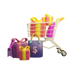3d illustration. shopping basket with gift boxes, shopping bags transparent background