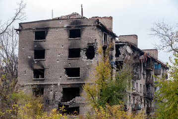 destroyed and burned houses in the city Russia Ukraine war