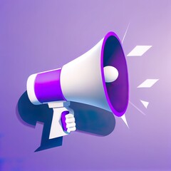 Cartoon hand holding megaphone with speech bubble on purple background with copy space. 3d render illustration