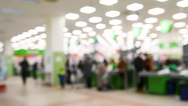 Blurred background of grocery store and people in the supermarket