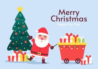 Cartoon Christmas illustrations isolated on pastel. Funny happy Santa Claus character with gift, bag with presents, waving and greeting. For Christmas cards, banners.