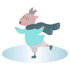 Cute reindeer on skates in a scarf in winter on a white background