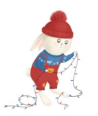 Christmas illustration with cute bunny. Funny christmas character for design, print, postcards, posters. Poster for children.