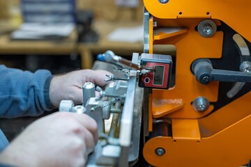 Industrial tool worker grinds a steel plate on a rotating belt sander, he makes a knife.