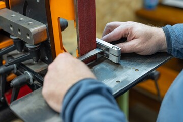 Industrial tool worker grinds a steel plate on a rotating belt sander, he makes a knife.