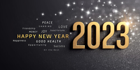 Happy New Year greetings in several languages and 2023 date number, colored in gold, on a festive black background, with glitters and stars