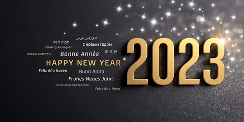 Happy New Year greetings and 2023 date number colored in gold, on a glittering black card