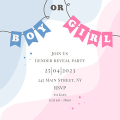 Obraz premium Invitation for gender reveal party with pregnant mother. Vector flat illustration for card, , design, flyer, poster, decor, banner, web, advertising. Beautiful girl, woman. 