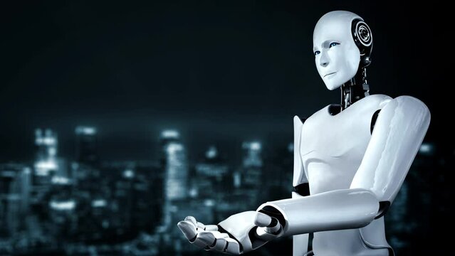 Futuristic robot artificial intelligence huminoid AI programming coding technology development and machine learning concept. Robotic bionic science research for future of human life. 3D rendering.