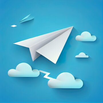 3d paper airplane with clouds Concept Online social network. Business communication applications. Marketing concept. Modern trendy design. 3d rendering. 2d illustrated illustration