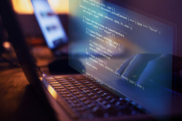 Programming code, software development, hands typing computer script.
