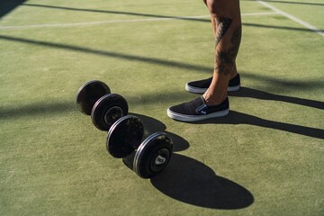 Closeup of man's tattooed feet next to dumbbells on green grass in an outdoor gym