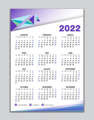 Wall calendar 2022 template, desk calendar 2022 design, Week start Sunday, business flyer, Set of 12 Months, Week starts Sunday, organizer, planner, printing media, calendar design purple background