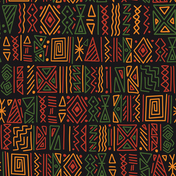 African ethnic tribal clash ornament seamless pattern background. Simple hand drawn symbols background in traditional African colors - black, red, yellow, green. Kwanzaa decorative print
