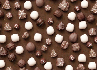 Chocolate candies, white chocolate, milk chocolate and dark chocolate