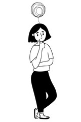 Thinking person. Thoughtful cute girl, confused thoughts, problems and find solution. Vector illustration. linear hand drawn doodle. Psychological problem solving concept and woman..