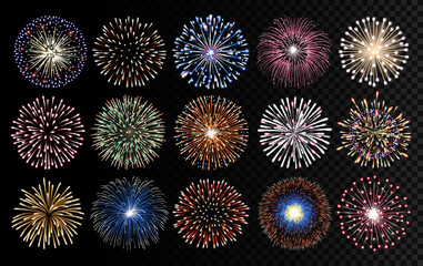 Fototapeta premium Fireworks realistic vector illustration. Celebrating, birthday and new year decorations.
