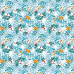 Christmas seamless pattern, snowflakes, yellow berries, cones, bouquet, leaves, pine, branches, blue background. Vector Winter nature design. For postcards, fabric, poster, background. Winter holidays