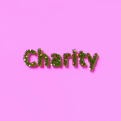 Beautiful christmas background with christmas wreath like font forming the text Charity with pink background in the sun, copy space for text (3D Rendering)