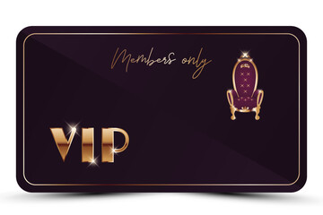 WebViolet elegant vip card. Modern burgundy business card with golden 3d text, crown, vintage royal throne. Luxury abstract invitation. Vector illustration for loyalty, bonus card, gift certificate.
