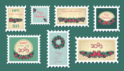 Set of vintage Christmas postage stamps. Variety of winter holiday postmarks. Beautiful paper mail stickers with Christmas wreath. Greeting golden text. Vector flat illustration