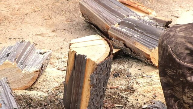 A man is chopping logs with an axe on chopping block. Harvesting of firewood stocks for heating. An alternative source of thermal energy instead of natural gas.
