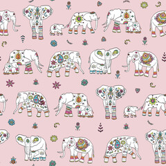 Indian elephant with ornament vector seamless pattern.