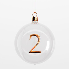 Glass festive christmas hanging baubles. With gold number 2. 3D Rendering