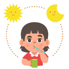 a Asian girl cleaning teeth with toothbrush by brushing teeth with circle and sun and moon, meaning is daily routine daytime and nighttime brushing teeth. illustration cartoon character vector design.