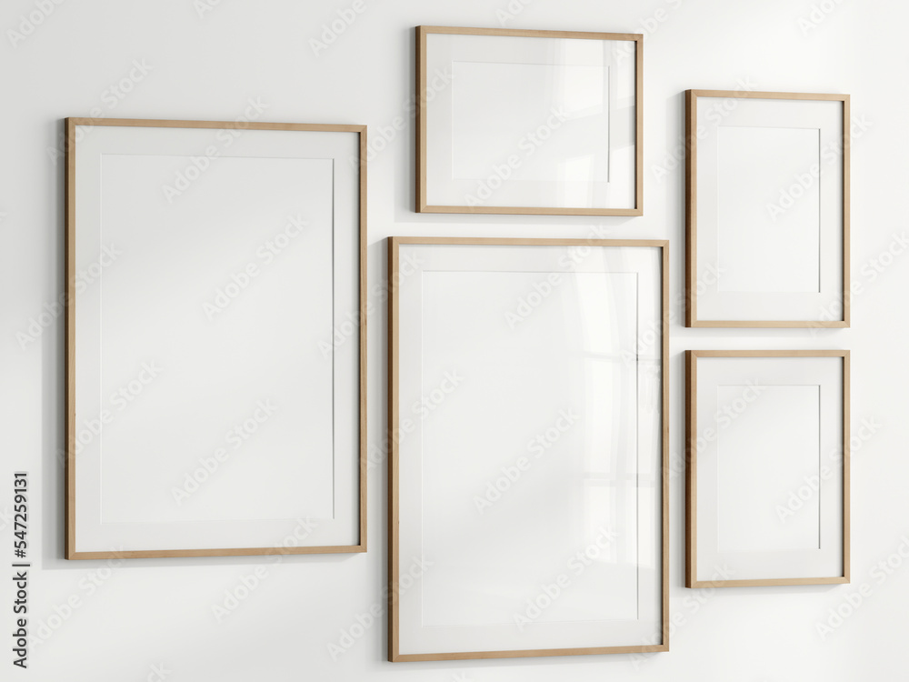 Wall mural gallery wall mockup, blank photo frame on white background, frame mockup, 3d render