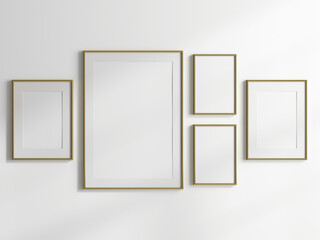 gallery wall mockup, blank photo frame on white background, gold frame mockup, 3d render - obrazy, fototapety, plakaty