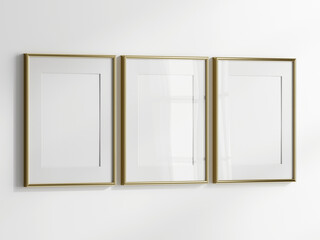 blank photo frame on white background, three gold frames mockup, 3d render