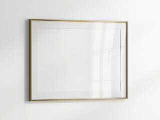 blank photo frame on white background, gold horizontal frame mockup, 3d render