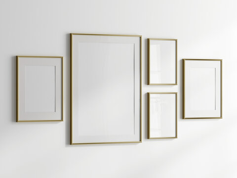 gallery wall mockup, blank photo frame on white background, gold frame mockup, 3d render