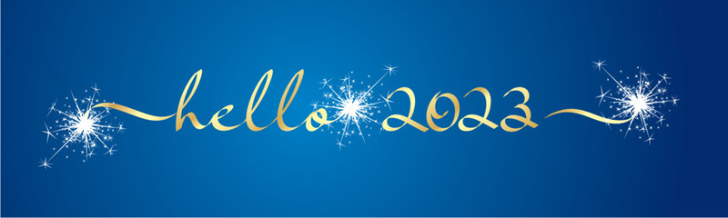 Hello 2023 New Year golden handwritten ribbon line design typography calligraphy white sparkle firework on blue background banner